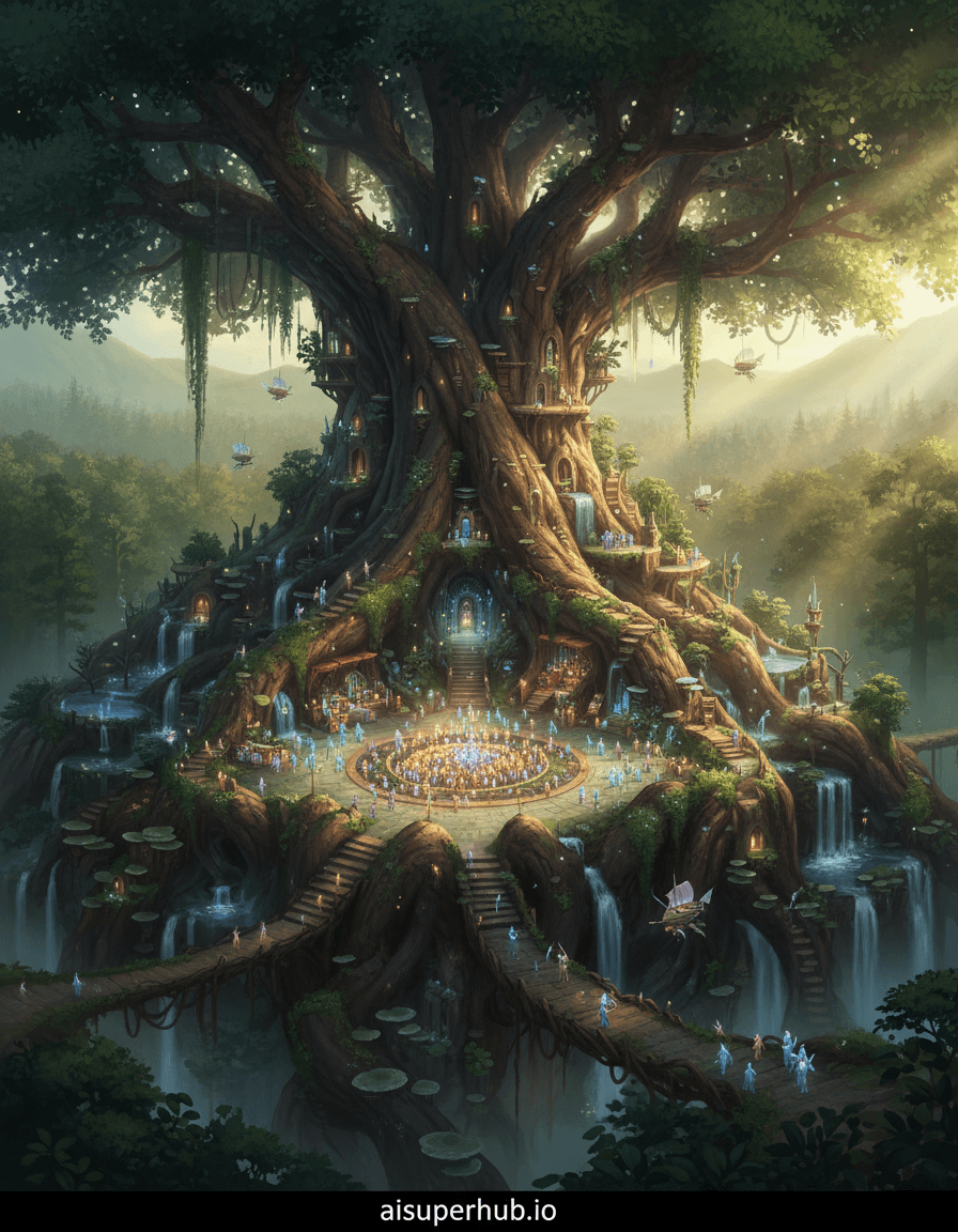 Create a hyper-realistic digital painting depicting a living, breathing arboreal metropolis housing minuscule, glowing inhabitants for the Candid portraits. The heart of an ancient, colossal tree is revealed, its gnarled trunk and massive roots intricately carved and grown into a bustling miniature city. Tiny, ethereal figures, barely visible, flit between glowing botanical structures and spiraling pathways, their forms radiating soft light. The central action focuses on a grand square nestled within a massive root junction, where more of these beings gather, their individual luminosity combining to create a vibrant hub. Details to include: bioluminescent moss pathways, delicate hanging gardens cultivated by the inhabitants, miniature cascading waterfalls flowing between root segments, tiny glowing airships made from seed pods, and intricate bridges woven from hardened sap. The environment is primarily the interior and exterior of the colossal tree. The bark is textured like ancient stone, weathered by millennia, yet teeming with life. Beyond the immediate cityscape, glimpses of an impossibly vast forest stretch into a soft-focus distance, hinting at the tree's immense scale within a larger, untouched natural world. Sunlight filters through the dense canopy above, dappling the outer bark, while the interior city glows with its own unique, organic light. The lighting is a magical, internal luminescence, emanating from the city itself, complemented by soft, diffused golden hour sunlight filtering through the canopy. Shadows are long and atmospheric, creating depth and mystery, yet the overall feel is one of wonder and gentle discovery. The light suggests a hidden world, thriving in quiet majesty. A rich palette of deep emerald greens, earthy browns, warm amber glows, ethereal blues, and soft violet highlights. A mood of enchanting tranquility and awe-inspiring secret beauty. Masterpiece, hyper-detailed fantasy art, photorealistic yet whimsical, naturalistic lighting, volumetric god rays, epic scale, 8K, with overlay text at the bottom 'aisuperhub.io'.