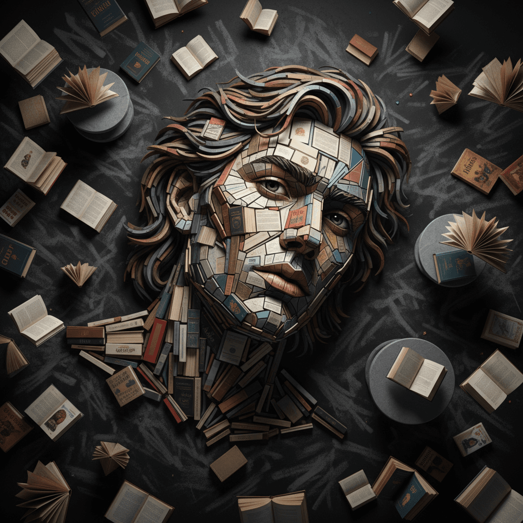 Create a high-resolution image of a young man’s face in his twenties, with a sharp gaze and long, tousled hair.
Ensure the facial pose is attractive and different from the reference image, but facing the camera directly.
Create a distant, slanted 3D shot of the young man’s face, ensuring the pose is different from the reference image in terms of gaze, hairstyle, and composition.
An artistic panel that depicts the young man’s face using various books in the library, including open and closed books of different colors and types.
Some books are on the floor, some are on shelves, and some are on sliding disks... outside the boundaries of the face.
The drawing is on a black floor.
The face is not a copied image, but rather the result of the harmony and integration of the books.
The floor is black, with broad charcoal scribbles on the floor.
Some real books are flying in the air and are close to the camera, with real names on them.
Make the shot a distant one to encompass the entire scene. An overhead shot from a top-down perspective.
Match the facial features as in the reference image.