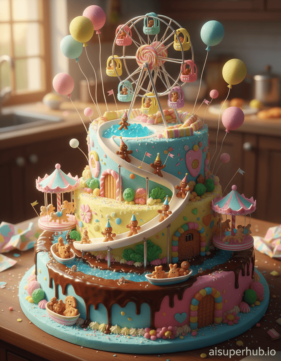 Create a hyper-realistic macro photography depicting a whimsical birthday party landscape for the Birthday partiesA gigantic, multi-tiered birthday cake, meticulously sculpted into a vibrant, fantastical theme park, teems with tiny, ant-sized animated figures. Dressed in festive attire, these miniature party-goers joyfully navigate various edible attractions, each element an integral part of the grand confectionery structure.Details to include: Miniature gingerbread men racing down a frosting slide, a Ferris wheel made of lollipops and gummy bears, a chocolate river with tiny candy boats, a carousel of animal crackers, and balloons made of delicate spun sugar floating above.The background is a softly blurred, warm kitchen counter, hinting at a larger human celebration, maintaining intense focus on the miniature world. Glistening sugar crystals and scattered sprinkles dot the 'ground' of the cake, enhancing scale and realism. Intricate textures of sponge and buttercream visible at the cake's edges suggest hidden edible paths within its layers.Soft, warm, golden hour lighting, with dappled sunlight catching sugary surfaces, creating a magical, dreamlike glow. The light should evoke childlike wonder and pure, unadulterated joy.A vibrant, playful pastel palette
sky blue, candy pink, lemon yellow, mint green
accented with rich chocolate browns and bright primary colors for the candy elements.A magical, whimsical, and utterly joyful celebration of miniature delights.Ultra-detailed macro photography, hyper-realistic, fantastical realism, whimsical, dreamlike, trompe l'oeil, high resolution, intricate details, bokeh background, 'aisuperhub.io'