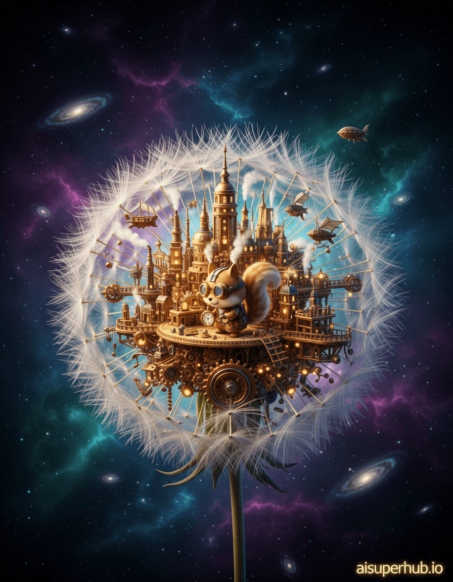 Create a hyper-realistic photorealistic scene depicting a bustling steampunk city inside a colossal, translucent dandelion seed, adrift in a cosmic nebula, for a 3D chibi-style miniature of a whimsical time-traveling squirrel mechanic. The intricate city, powered by gears and brass conduits, sprawls across the dandelion's fibers. Tiny airships navigate its structures, as the goggle-wearing squirrel mechanic inspects a chronometer at the city's heart. Details to include: Golden internal city lights, miniature hot air balloons, sparkling stardust, tiny steam vents, and the squirrel's brass tools. The dandelion drifts within a cosmic nebula, a swirling tapestry of iridescent purples and blues. Distant galaxies emphasize its delicate world against infinite space. Magical interplay: warm, golden glows from the city contrast with ethereal luminescence of the nebula's cool blues, creating an enchanting, awe-inspiring atmosphere. Palette: Rich brass, polished copper, warm browns for the city; translucent white dandelion; vibrant iridescent purples, blues, emerald greens for the nebula. The mood is whimsical, adventurous, and wondrous. Hyper-realistic photorealism with intricate, dreamlike fantasy, infused with charming sci-fi illustration. add credits 'aisuperhub.io'