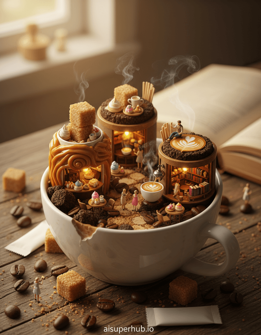 Create a hyper-realistic diorama depicting the essence of Cafe hopping. Imagine a miniature, bustling street scene unfolding within a discarded, oversized coffee cup. Tiny, elegant figures, no larger than a grain of rice, are navigating intricate pathways made of sugar cubes and biscotti crumbs, moving between intricately detailed micro-cafes crafted from espresso pucks and latte art. Each cafe glows with inviting warmth, showcasing minuscule pastries and steaming beverages. Details to include: A minuscule barista pouring a perfect latte art heart on a coffee bean sized cup; Tiny steam wisps rising from miniature coffee cups; A tiny figure taking a selfie in front of a cafe made from a caramel swirl; A path made of stacked coffee stirrers leading to a book-lined cafe; An overlay text at the bottom: 'aisuperhub.io'. The primary scene is contained within a vintage, ceramic coffee cup, its rim slightly chipped, sitting on a rustic wooden table. Around the cup, scattered coffee beans, a few sugar packets, and an open, well-loved book create a larger context, suggesting a moment of quiet contemplation. The background beyond the table is softly blurred, hinting at a cozy, sunlit room, perhaps a home library or a quaint actual cafe, but the focus remains sharply on the miniature world within the cup. Soft, warm golden hour lighting filters in from an unseen window, casting long, gentle shadows within the coffee cup landscape, evoking a sense of nostalgic comfort and inviting intimacy. The light highlights the textures of the miniature elements, making them appear even more real and touchable, imbued with a feeling of gentle wonder. Dominant hues of warm browns, creamy whites, rich caramels, and soft beiges, accented with pops of dark espresso and subtle pastel tones from miniature pastries. Whimsical, comforting, and utterly enchanting, inviting viewers into a tiny world of caffeinated dreams. Hyper-realistic macro photography, whimsical diorama, forced perspective, intricate miniature artistry, magical realism, bokeh background.