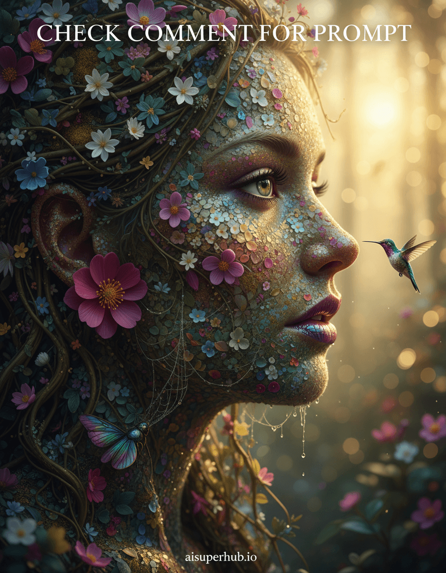 Create a hyper-realistic digital painting depicting a woman's face as a living, breathing floral landscape for the Creative portraits women. Overlay text at top: 'Check Comment for Prompt'. The central action shows a woman's serene profile, her skin intricately composed of a dense tapestry of microscopic petals and leaves. Her hair flows into delicate vines and blossoming branches, while her eyes are pools of dew reflecting a distant sunrise. Details to include: A tiny hummingbird hovering near her 'earlobe' which is a single large, vibrant flower; glistening dewdrops caught on individual petals forming her eyelashes; a subtle shimmer of pollen across her 'cheekbone' highlighting its contour; delicate spiderwebs strung between miniature blossoms along her jawline; and small, iridescent beetle wings forming the curve of her lips. The background slowly fades from the verdant, detailed flora of her face into a soft, ethereal blur of bokeh, suggesting a deep botanical garden or a mystical forest at dawn. Hints of distant, hazy light filter through, creating a dreamlike depth that enhances the surreal nature of the portrait. The surrounding air appears slightly humid and alive, hinting at a hidden world within. The lighting is soft and golden, resembling the first rays of dawn filtering through dense foliage, creating a tender and hopeful glow. It casts gentle shadows that define the contours of her face-landscape, imbuing the scene with a sense of peaceful awakening and profound wonder. A rich, harmonious palette dominated by verdant greens, soft rose pinks, deep purples, and touches of sun-kissed gold, with pearlescent whites and translucent blues for highlights and reflections. The mood is one of tranquil enchantment, breathtaking beauty, and organic serenity. An hyper-realistic, fantastical botanical portrait, highly detailed macro photography aesthetic, digital art, dreamcore, photorealistic fantasy. Credits at bottom: 'aisuperhub.io'.