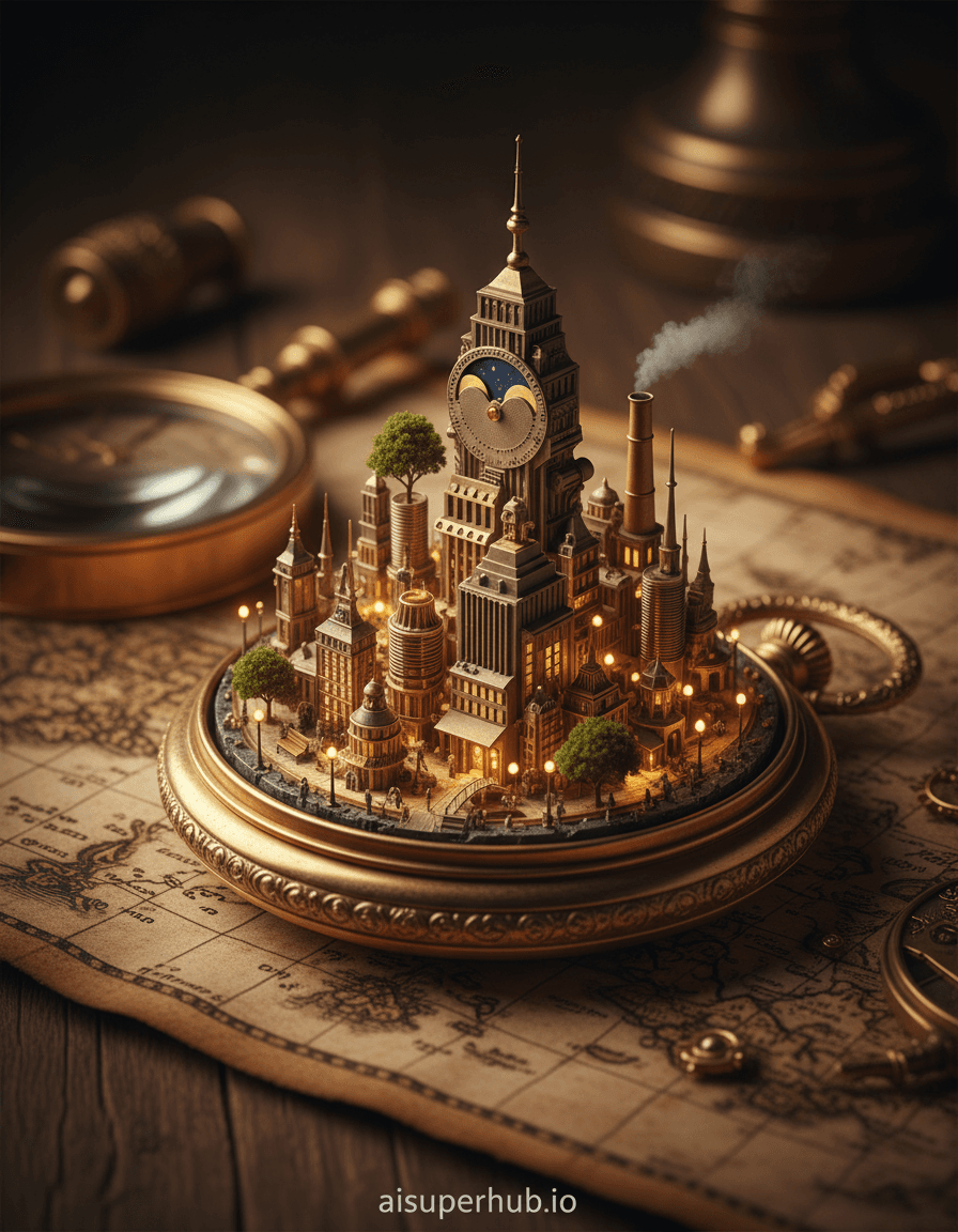 Create a hyper-realistic macro photograph depicting an intricate cityscape within a vintage pocket watch, for Editorial style portraits. The central focus is a sprawling miniature cityscape, meticulously built inside an antique gold pocket watch. Glowing streetlights illuminate microscopic streets; buildings from gears and springs rise like skyscrapers, with subtle smoke wisps from a 'factory' chimney. Details to include: Microscopic figures crossing a 'bridge' from a watch hand; reflective building surfaces catching ambient light; a carved moon phase dial transformed into a city park with tiny trees. The pocket watch rests on a worn, leather-bound ancient map, faded ink forming an abstracted landscape. Cartography tools – brass compass, magnifying glass – nearby suggest an artisan's workspace, on aged, textured wood. Soft, dramatic chiaroscuro lighting from a low-angle source casts long, intriguing shadows. This light creates wonder, highlighting detail with a warm, golden glow. Rich sepia, antique gold, deep mahogany, subtle moss green and amber, with sharp contrasts from tiny artificial lights. A mood of awe-inspiring miniaturization, intricate craftsmanship, and timeless exploration. Ultra-detailed macro photography, hyper-realistic rendering, steampunk aesthetics, editorial spread quality, anachronistic, fantastical realism. Overlay text: 'aisuperhub.io' at the bottom.
