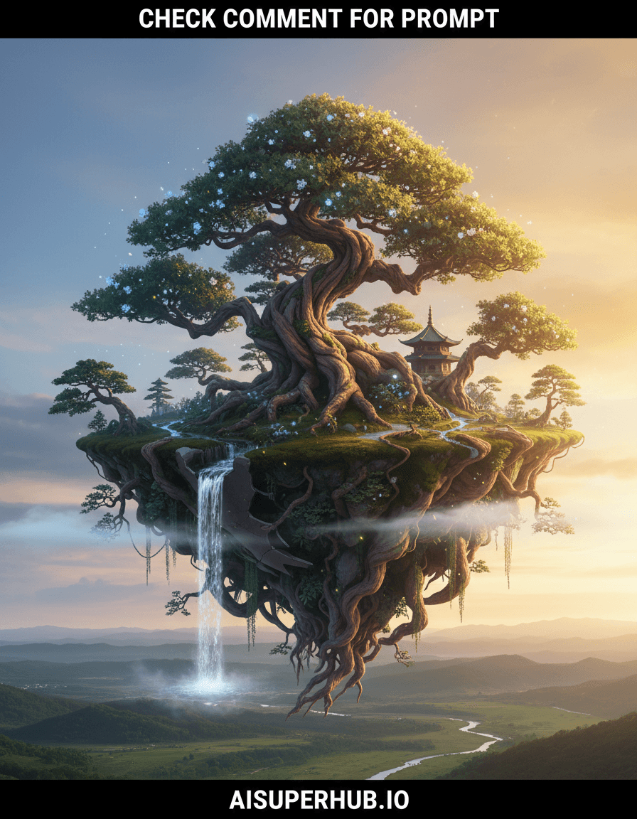 Create a hyper-realistic panoramic photograph depicting an ancient bonsai tree transformed into a colossal floating island for the Cinematic color grading. A solitary, impossibly large bonsai tree, its intricate branches and root system forming a complex miniature ecosystem, drifts majestically through an expansive sky. Its weathered bark reveals centuries of growth, with tiny waterfalls cascading from mossy crevices and miniature forests sprouting from its broader limbs, creating a vibrant, self-contained world aloft. Details to include: A transparent, shimmering waterfall flowing from a broken ceramic pot edge; tiny, bioluminescent fireflies swarming around ethereal blossoms; ancient, gnarled roots forming archways over hidden streams; a miniature, forgotten pagoda nestled amongst the foliage. At the top of the image, integrate an overlay text 'Check Comment for Prompt'. At the bottom of the image, integrate an overlay text 'aisuperhub.io'. The colossal bonsai island is suspended against a backdrop of a vast, tranquil sky, transitioning from the soft blues of dawn to a warm, golden hour glow. Wisps of translucent clouds drift lazily around its base, emphasizing its immense scale. Below, a distant, hazy landscape of rolling hills and a winding river suggests the world it has risen from, now far below. The scene is bathed in a soft, ethereal golden hour light, filtering through the upper canopy of the bonsai and casting long, dramatic shadows across its intricate landscape. The lighting is designed to evoke a sense of wonder, ancient majesty, and serene solitude, with glints of light catching on water droplets and illuminating the delicate ecosystem. A rich and vibrant palette dominated by deep forest greens, earthy browns, and soft mossy textures, contrasted with the brilliant golden hues of the setting sun and the ethereal blues and purples of the sky. Accents of bioluminescent blues and gentle whites from the miniature blossoms add magical touches. A profound sense of awe, peace, and fantastical beauty permeates the entire scene, inviting contemplation of nature's impossible grandeur. Epic fantasy art, detailed macro photography, Miyazaki aesthetic, volumetric lighting, hyper-detailed, impossible landscapes, breathtaking vistas, 8K, award-winning photography.