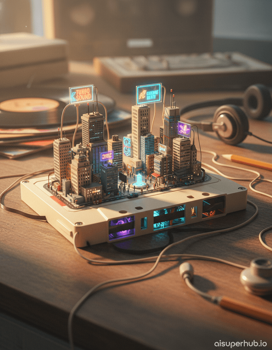 Create a hyper-realistic photograph depicting a miniature bustling cityscape emerging from a vintage cassette tape for the Vintage edits. A worn, cream-colored audio cassette tape lies horizontally. From its intricate gears and magnetic tape, a sprawling, vibrant miniature metropolis unfurls, with tiny skyscrapers and road networks replacing original components. Details to include: Miniature cars and trains on magnetic tape 'roads'. Tiny holographic billboards with retro-futuristic ads. Figures bustling on the cassette's label, now a city square. Transparent plastic revealing a subterranean city level. Power grid from tangled headphone wires. The cassette rests on an aged wooden desk, scattered with vintage audio gear: dusty vinyl, old pencil. Background softly out of focus, highlighting the intricate cassette city, suggesting a forgotten creative studio from the 80s. Soft, warm, golden hour light filters, casting long shadows across the miniature city. A subtle rim light catches tiny buildings, creating an ethereal glow evoking nostalgic wonder and discovery. Muted vintage palette: warm browns, desaturated blues, faded oranges, neon pops from city lights, against cream and black of the cassette. A whimsical, thought-provoking mood, blending retro technology charm with the awe of an impossible, hidden world. Macro photography, trompe l'oeil, retro-futurism, cinematic, highly detailed, octane render, unreal engine, photorealistic, intricate, dreamlike, vintage aesthetic. add credits 'aisuperhub.io'