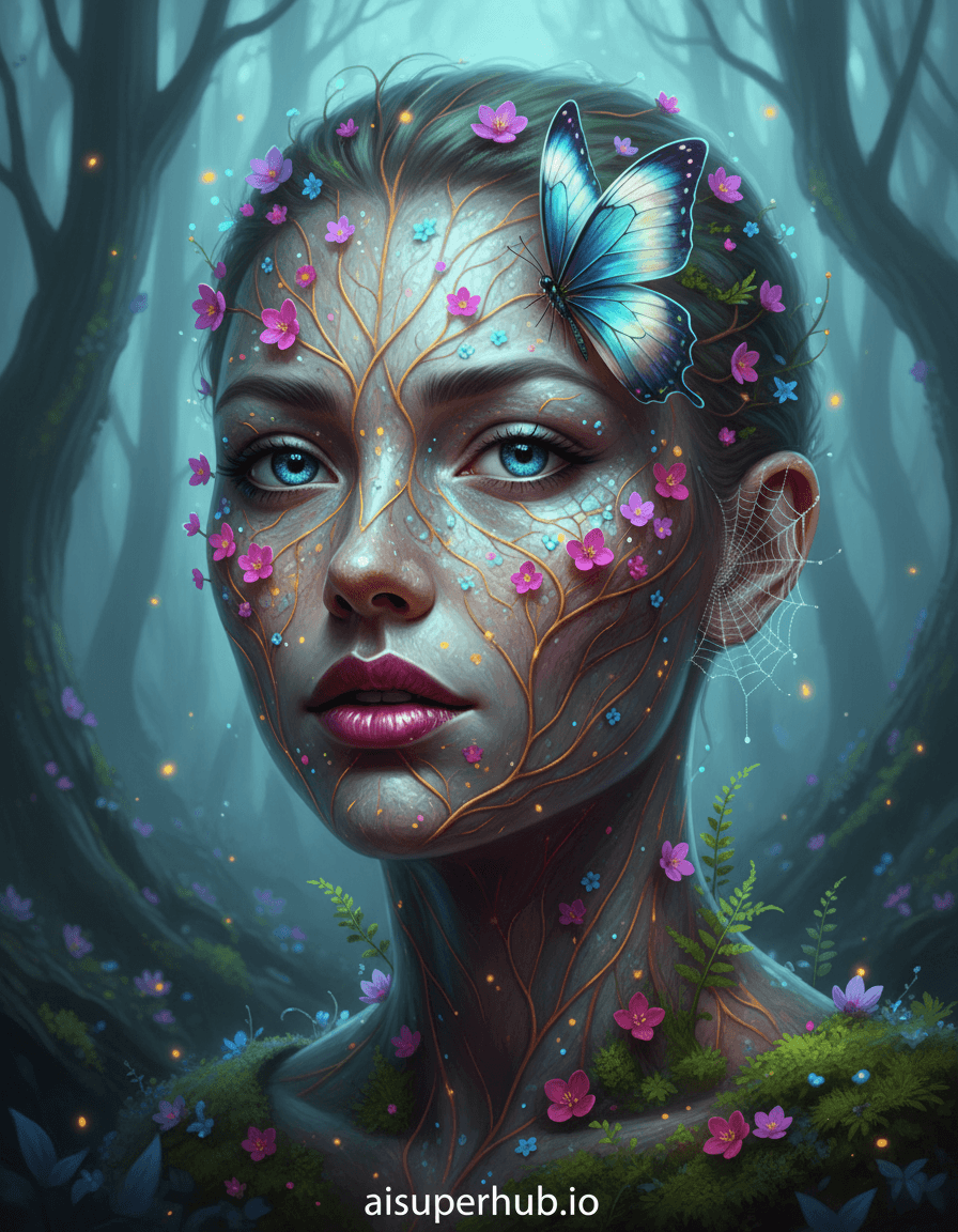 Create a hyper-realistic digital painting depicting a woman's face as a living, glowing arboretum for the Creative portraits women. A striking portrait where a woman's features intricately merge with an organic ecosystem. Her translucent skin, like tree bark, blooms with tiny, bioluminescent flowers on her cheekbones. Her eyes reflect deep, calm pools of water. Details to include: Moss and delicate ferns on her jawline; subtle glowing sap veins; dewdropped spiderweb on one earlobe; luminous butterfly with iridescent wings on her brow; lips of unfurling rose petals. A soft, ethereal blur of deep forest greens and twilight blues forms the background, hinting at mystical ancient woodland. Gentle fog drifts, creating timeless wonder and serene isolation. Sparkling fireflies add twinkling accents. Diffused, otherworldly lighting emanates from the subject's bioluminescent elements. A cool moonlight glow highlights features, creating a serene, contemplative mood, hinting at inner peace and quiet strength. Rich palette: verdant forest greens, deep sapphire blues, glowing amber accents, pearlescent whites, delicate fuchsia and amethyst flora. Serene, mystical, and deeply contemplative, evoking ancient wisdom and organic beauty. Hyper-realistic, photo-realistic, intricately detailed, dreamlike, ethereal, magical realism, digital art, ultra high definition, cinematic, award-winning. Add overlay text 'aisuperhub.io' at the bottom of the image.