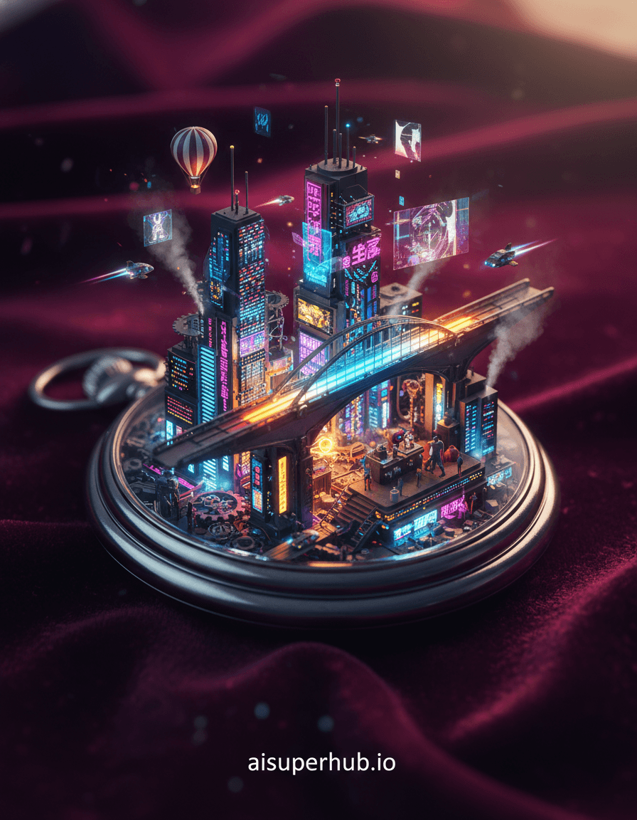 Create a hyper-realistic macro photograph depicting a vintage pocket watch face transformed into a miniature, bustling cyberpunk cityscape for the Accessories shots. The intricate gears and springs of the watch are reimagined as towering skyscrapers and glowing neon pathways. Tiny, futuristic vehicles navigate the minute hand, which acts as a monorail track, while the hour hand serves as a colossal, illuminated bridge connecting districts. Details to include: Micro-LED billboards displaying cryptic ads on gear-buildings, steam vents releasing wisps of fog from between tiny escapement components, minuscule holographic projections flickering over the watch crystal, a minuscule hot air balloon floating above the city, a tiny barista robot serving coffee on a gear-terrace. The pocket watch is resting on a plush, dark velvet cloth, subtly reflecting the vibrant glow of the city on its polished silver casing. The surrounding space is blurred into a soft bokeh, emphasizing the intricate world within the watch. Dramatic, high-contrast chiaroscuro lighting emanates from within the cityscape, with neon glows casting long, exaggerated shadows. A soft, warm ambient light from the top right provides a subtle rim light, creating an atmosphere of mysterious urban nightlife. Deep purples, electric blues, vibrant magentas, and striking yellows dominate the city's palette, contrasted with the metallic silver and dark, rich crimson of the velvet background. An awe-inspiring sense of discovery and bustling, futuristic energy fills the scene. Style: Hyper-realistic macro photography, cyberpunk aesthetic, intricate miniature details, trompe l'oeil, cinematic, highly detailed, sharp focus, volumetric lighting. Overlay text 'aisuperhub.io' precisely positioned at the bottom center of the image.