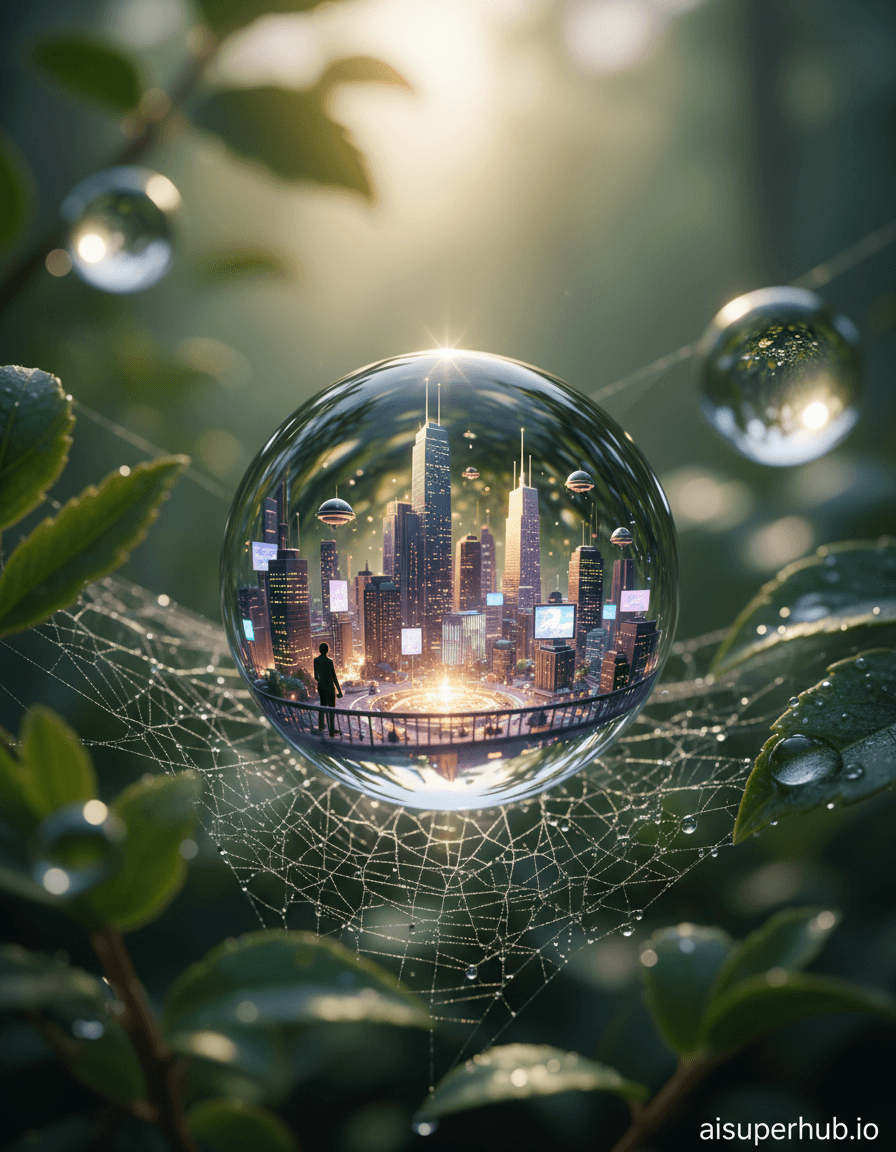 Create a hyper-realistic conceptual photograph depicting a miniature utopian cityscape encased within a single morning dewdrop, for the Lifestyle portraits. The dewdrop, perfectly spherical and translucent, rests delicately on a gossamer spider silk strand. Inside its crystalline confines, gleaming skyscrapers made of bioluminescent materials pierce a micro-sky, crisscrossed by tiny, silent levitating vehicles. A single, almost imperceptible human figure stands on a miniature balcony, looking out over the glowing metropolis. Details to include: Visible, intricate spider silk strands supporting the dewdrop; Tiny, glowing pathways and holographic advertisements within the city; The human figure's silhouette clearly defined against the inner city glow; Subtle reflections of the larger, natural environment outside the dewdrop on its surface; A minuscule, sparkling energy reactor at the city's core. The dewdrop is positioned against a softly blurred background of lush, verdant green leaves and dappled sunlight. Hints of other, larger dewdrops on nearby foliage can be seen, slightly out of focus, adding depth. The overall scene suggests a tranquil, awakening forest floor at dawn, contrasting with the high-tech interior of the dewdrop. Soft, ethereal backlighting from the rising sun catches the dewdrop, causing it to refract and sparkle with internal rainbows. The city within glows with its own gentle, warm bioluminescence, creating a sense of hopeful serenity and quiet awe. The light evokes a feeling of discovery and peaceful wonder. Predominantly cool greens and blues from the natural environment, contrasted with warm, inviting golds, soft purples, and pearlescent whites from the miniature city's internal light. Hints of refracted rainbow colors across the dewdrop's surface. A profound sense of quiet marvel and intricate, delicate wonder permeates the scene, inviting close observation. Macro photography, digital art, hyperrealism, futuristic, utopian, intricate detail, bokeh background, luminous, dreamlike, surreal, high-resolution, sharp focus on subject, with overlay text 'aisuperhub.io' at the bottom.