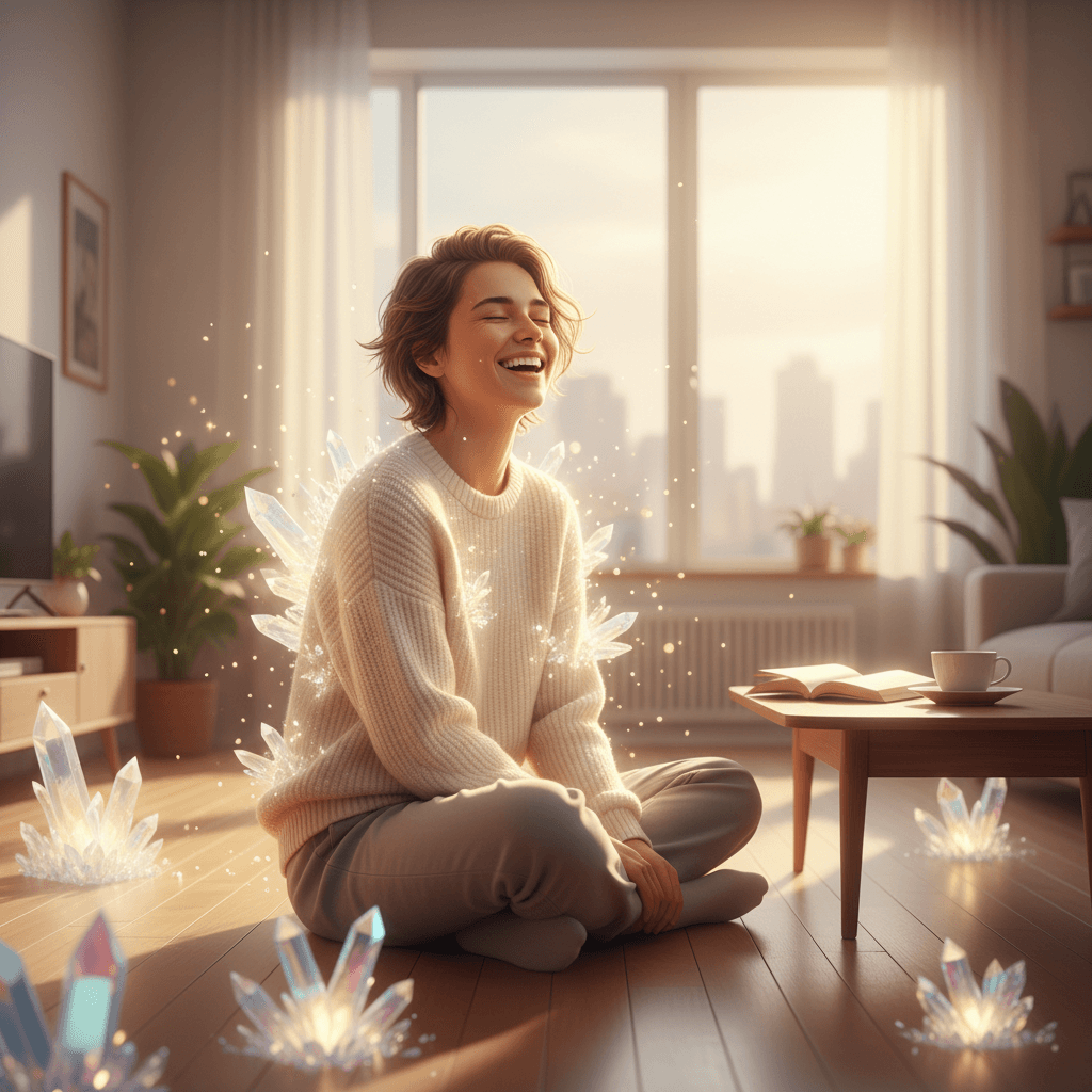 Check Comment for Prompt, Create a hyper-realistic cinematic portrait depicting profound internal joy manifesting tangibly in a lifestyle setting. A young person, mid-laugh with closed eyes, is captured in their minimalist, sun-drenched living room. Around them, shimmering crystalline structures bloom from the floor and walls, reflecting warm light and radiating a soft, golden glow. The individual is casually dressed, engrossed in their emotion, unaware of the magical phenomenon, making the viewer witness a private epiphany. Details to include: intricate, fractal-like crystalline growths with iridescent surfaces, sculpted from pure light, emerging from furniture and floorboards; tiny, glowing particles shimmering around the individual, near their head and chest; a serene, authentic expression of unburdened happiness on the subject's face, with crinkles around the eyes; reflections of the crystalline glow subtly visible on the subject's skin and hair; a half-empty cup of tea and a book casually placed on a nearby minimalist coffee table, grounding magic in reality. The scene unfolds in a bright, spacious modern apartment living room, with clean lines, natural wood, and large windows revealing a diffused cityscape. The background blurs into an artistic bokeh, focusing on the subject and magical elements, providing contemporary home context. Lighting is a soft, ethereal golden hour glow, streaming from windows, casting gentle shadows. Subtle backlighting accentuates the silhouette and illuminates crystalline structures from within, creating a halo. Lighting evokes warmth, serenity, and uplifting revelation. A harmonious palette dominates: warm golden yellows, soft oranges, muted creams, natural wood, contrasted by iridescent whites and pale blues of crystalline manifestations, with hints of emerald green from potted plants. Colors are rich but not overly saturated, providing comfort and subtle magic. The atmosphere is profound peace, intimate magic, and a breathtaking visualization of inner joy made manifest. Photorealistic, high-resolution, cinematic, hyper-detailed, dreamlike, fine art portraiture, emotionally resonant, magical realism, with ethereal glow and intricate fractal aesthetics. aisuperhub.io