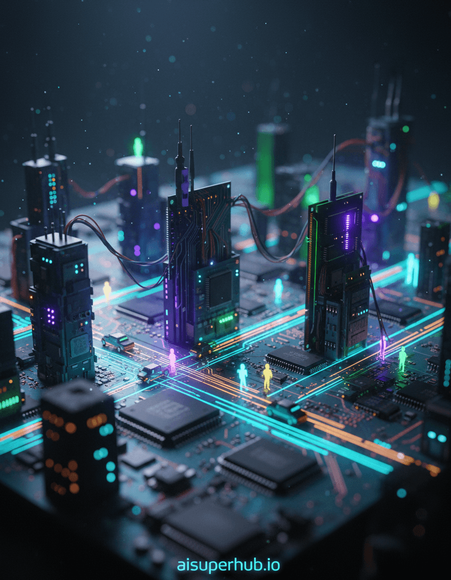 Create a hyper-realistic macro photograph depicting a vast cyberpunk metropolis for the Vintage edits. This miniature world teems with life, with intricate pathways and towering structures formed by interconnected microchips, resistors, and capacitors. Tiny, glowing data packets, no larger than fireflies, zip along data streams, their light tracing complex patterns through the urban jungle, resembling digital vehicles and citizens. Details to include: Gleaming copper traces forming intricate road networks; Miniature LED lights blinking on and off, simulating traffic and building lights; Tiny, almost microscopic figures of data packets, some resembling abstract geometric shapes, others like ethereal digital beings, interacting with the environment; Distant "skyscrapers" made from stacked RAM sticks and CPU coolers; Frayed wires acting as power lines and communication cables. The background is a shallow depth of field blur, suggesting the immense scale of this tiny world against a dark, undefined void. Faint, ethereal glows emanate from the deeper layers of the circuit board, hinting at unknown digital depths. Dust particles, magnified, appear like cosmic debris or distant stars, adding to the sense of a vast, alien universe. Dramatic, low-key neon lighting, with vibrant electric blues, purples, and greens reflecting off the metallic surfaces and circuit traces. Shafts of light pierce through gaps in the component "buildings," creating an atmosphere of mysterious technological wonder and silent, bustling activity, evoking a sense of awe and slight foreboding. Predominantly dark blues, purples, and deep greys, accented with electric greens, vibrant cyan, and warm amber glows from data streams and lights. A mesmerizing blend of technological marvel, cyberpunk mystery, and serene, intricate beauty. Macro photography, cyberpunk aesthetic, detailed, intricate, dreamlike, digital art, photorealistic, high resolution, bokeh, glow effects, overlay text at the bottom 'aisuperhub.io'.