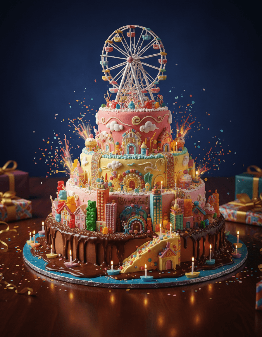 Create a hyper-realistic architectural blueprint depicting a colossal, multi-tiered birthday cake city, bustling with miniature life, designed for extraordinary Birthday parties. Tiny figures celebrate across the cake-city's layers, with fondant roads winding past edible buildings. A grand sugar-spun Ferris wheel turns on the top tier, illuminated by candied lights. Details to include: edible glitter pathways, gummy bear skyscrapers, a chocolate river with tiny boat-candles, frosting clouds above marzipan gardens, and miniature confetti explosions. The cake-city stands majestically on a polished, dark mahogany table, subtly reflecting its vibrant lights. Surrounding it are softly blurred, oversized birthday gifts, hinting at a grand celebration. The background is a velvety, deep indigo, suggesting an evening. Soft, warm, playful glow from the cake's internal lights and city structures, casting whimsical shadows. Lighting evokes wonder, joy, and festive excitement, highlighting intricate details and the scene's magic. Whimsical pastel palette with vibrant primary color pops: soft pink, baby blue, lemon yellow, mint green, and bold reds, oranges, purples. Gold and silver accents in glitter and ribbon details. A magical, joyous, and fantastically imaginative atmosphere filled with miniature celebration. Macro photography, detailed miniature art, fantasy realism, whimsical, dreamlike, highly intricate, cinematic, ultra HD, 8K, award-winning photography. aisuperhub.io