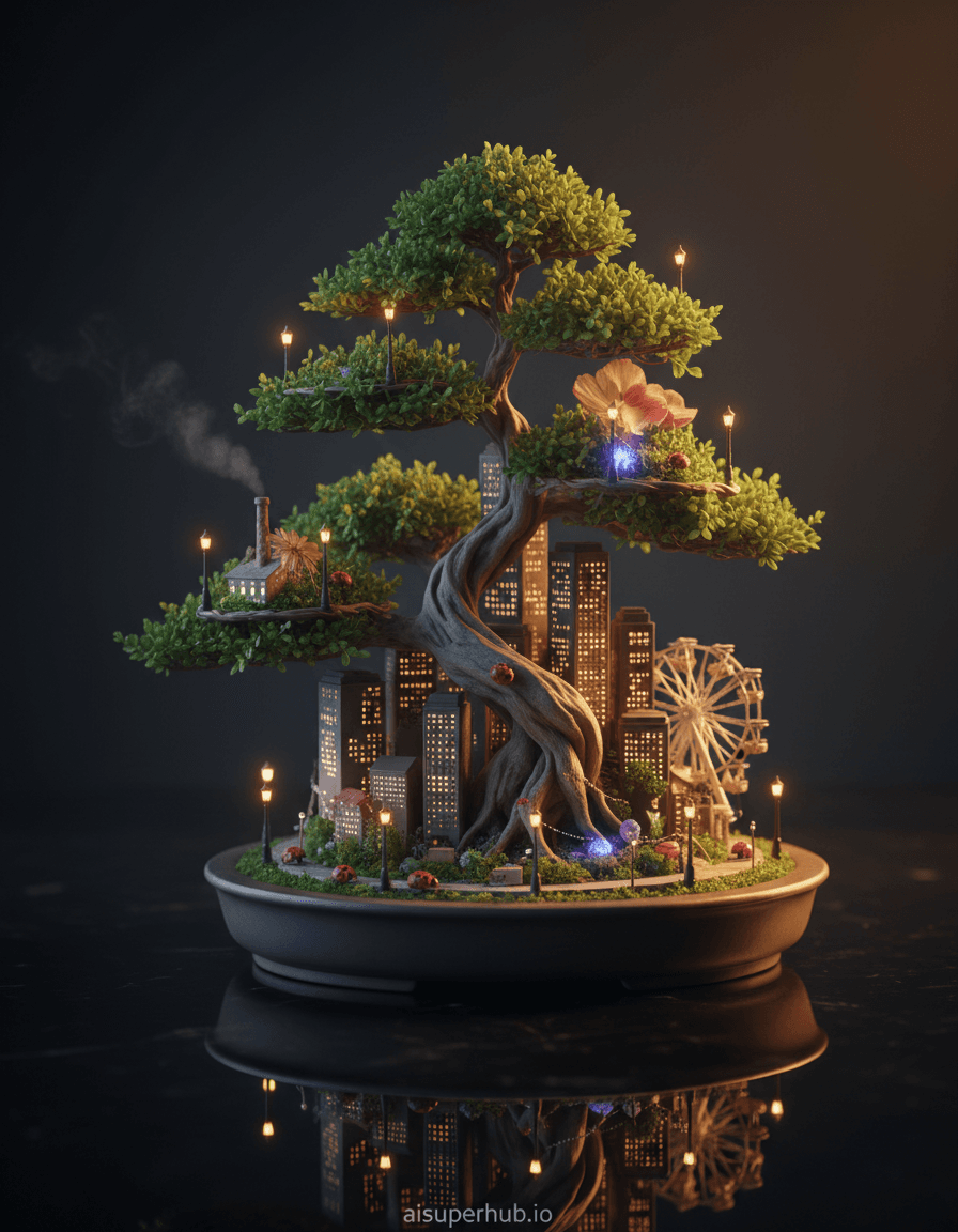 Create a hyper-realistic macro photograph depicting a living bonsai cityscape for the Product shots. The central focus is a meticulously crafted bonsai tree, its gnarled trunk forming skyscraper-like structures and its leafy canopy meticulously manicured to resemble lush urban parks. Tiny, illuminated windows dot the 'buildings', hinting at bustling life within this microscopic metropolis. Details to include: Miniature streetlights glowing softly along the branches acting as avenues; Microscopic steam rising from a 'factory' chimney made from a twisted twig; Tiny, almost imperceptible vehicles (like ladybugs or very small beetles) traversing the 'streets'; A minuscule Ferris wheel constructed from a delicate dried flower, partially obscured by the leaves; A faint, ethereal glow emanating from a 'central park' area, suggesting a miniature light festival. The bonsai cityscape rests on a polished, obsidian-like surface, reflecting the miniature world with stunning clarity, creating an illusion of infinite depth beneath. The immediate surroundings are intentionally blurred, a shallow depth of field drawing all attention to the intricate details of the tree, fading into a soft, velvety darkness that enhances the sense of wonder and isolation of this tiny world. Dramatic chiaroscuro lighting, with warm, golden hour hues filtering from an unseen source to highlight specific architectural elements and cast long, intricate shadows across the 'streets', evoking a sense of tranquil awe and the magic of twilight. Color palette: Rich greens and earthy browns for the tree, contrasted with warm golds and ambers for the lights, punctuated by subtle cool blues and purples in the shadowed areas, creating a harmonious yet vibrant urban twilight. Mood/atmosphere: A breathtaking blend of serene majesty and bustling, hidden life. Style summary: Hyper-detailed macro photography, magical realism, trompe l'oeil, miniature art, dreamlike, cinematic, 8K, photorealistic, Unreal Engine 5. Add a subtle overlay text at the bottom: 'aisuperhub.io'.