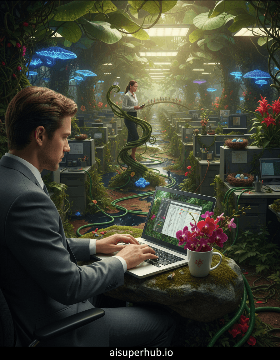Create a hyper-realistic cinematic still depicting a corporate office transforming into a vibrant jungle for the Work life shots. A lone, focused worker in a crisp suit meticulously types on a laptop, unaware that their desk is now a moss-covered boulder. Nearby, another colleague tries to make a phone call while perched precariously on a winding vine that used to be their ergonomic chair, with data cables acting as thick lianas. The entire space buzzes with a surreal energy where human routine meets untamed nature. Details to include: Laptop screens displaying digital spreadsheets, subtly reflecting the surrounding foliage; Coffee mugs overflowing with exotic blooms instead of beverages; File cabinets overgrown with glowing bioluminescent fungi; Pen holders repurposed as miniature bird nests with tiny, colorful eggs; Ethernet cables coiling like snakes through the undergrowth. The background reveals an endless expanse of cubicles and office partitions, each undergoing the same organic transformation. Fluorescent ceiling lights are now diffused by a canopy of giant, translucent leaves, casting dappled light onto the floor, which has become a rich, earthy soil. Distant figures can be seen navigating bridges made of staplers and pens, across rivers of flowing printer ink. The entire office complex feels like a massive, living organism. Soft, ethereal dawn light filters through the leafy canopy, creating pockets of warmth and cool shadows, emphasizing the transition from artificial to natural. The emotional intent is one of surreal wonder mixed with a subtle sense of overwhelming daily grind. Dominantly lush greens and earthy browns, punctuated by pops of vibrant floral reds, deep purples, and electric blues from bioluminescent elements, with sterile grays and whites of office equipment slowly being consumed. A fantastical, contemplative, and slightly overwhelming sense of the blurred lines between duty and nature. Photorealistic, magical realism, surrealism, mixed media, high detail, intricate textures, depth of field, cinematic lighting. Add a overlay text at the bottom add credits 'aisuperhub.io'