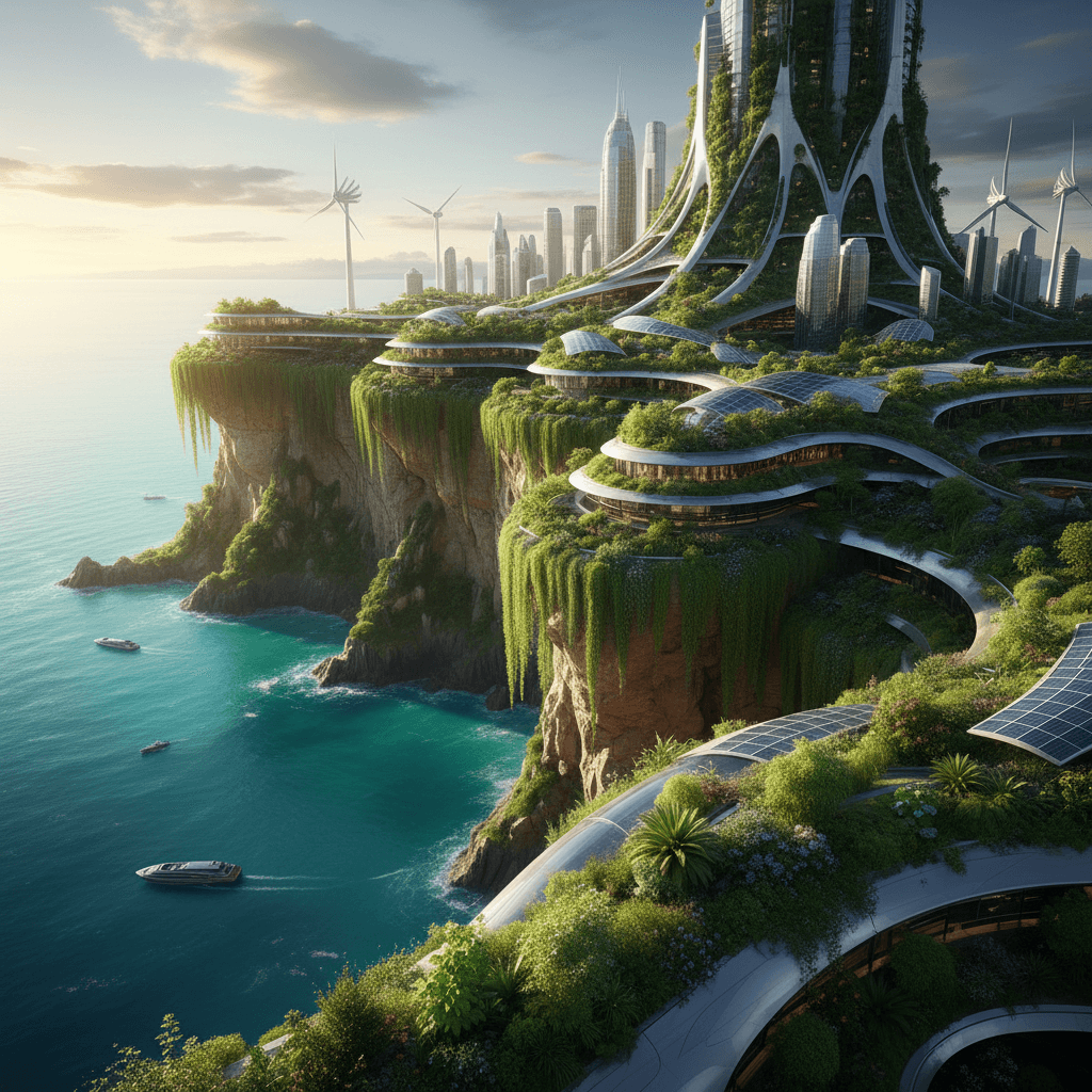 A hyperrealistic architectural visualization of a futuristic eco-city built on the side of a cliff overlooking a vibrant turquoise ocean. Sleek, organic structures blend seamlessly with the natural rock formations, covered in lush vertical gardens. The city is powered by solar panels and wind turbines, integrated into the design. The scene is bathed in the warm, golden light of sunset, creating a sense of serenity and harmony. A wide-angle shot captures the scale and grandeur of the city, with the camera positioned slightly above, looking down. The color palette is dominated by natural greens, blues, and browns, with accents of metallic silver and glass. 4k resolution, a true architectural masterpiece.