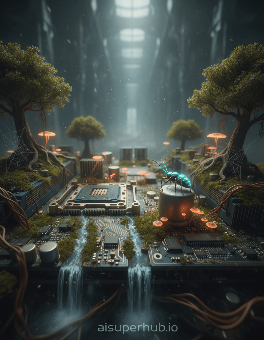 Create a hyper-realistic macro photography depicting a forgotten computer motherboard as a vibrant miniature world for the highly detailed, hand-drawn, technical-style illustration. A sprawling, ancient computer motherboard, weathered by time, is entirely reclaimed by nature, its intricate circuitry transformed into a lush, living ecosystem. Tiny rivers cascade down rusted heatsinks; root systems entwine through CPU sockets. Life thrives within obsolete technology. Details to include: Bioluminescent fungi glowing softly on capacitors; delicate moss and lichen carpeting dormant RAM sticks; miniature waterfalls flowing along etched circuit traces; a small, multi-legged, glowing insect perched on a giant resistor. The massive motherboard stretches into blurry depths, suggesting an abandoned, cavernous space, like a long-lost server farm or forgotten chamber. Dust motes drift lazily, catching light, adding to immense age and stillness. Decayed cables and metallic structures hint at original function. Ethereal, soft, warm glow from bioluminescent elements casts gentle highlights on flora, creating serene light pockets. Contrasts with cooler, desaturated ambient light from an unseen high source, illuminating dust. Intent: wonder and melancholy. Color palette specification: Rich earthy greens, deep mossy browns, subtle electronic blues, warm amber glows, dusty greys, oxidized metallic sheens, muted golds. Mood/atmosphere: Awe-inspiring, mysterious, tranquil, and deeply contemplative, evoking forgotten history and nature's enduring power. Style summary: Photorealistic, intricate macro photography, fantastical realism, detailed organic-meets-inorganic, surreal, cyberpunk-fantasy, highly textured, with a subtle, integrated overlay text 'aisuperhub.io' at the bottom.