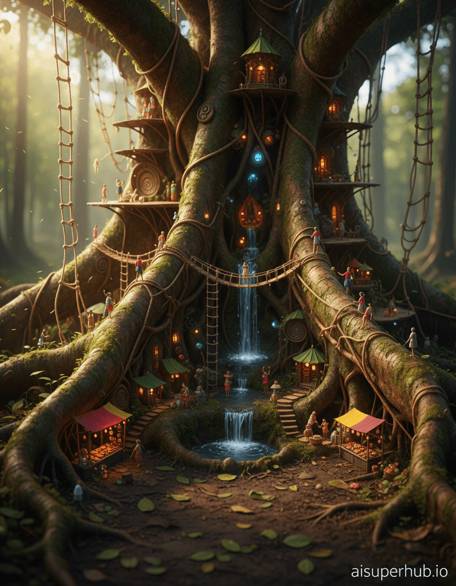 Create a hyper-realistic macro photograph depicting a thriving miniature civilization nestled within the gnarled roots of an ancient banyan tree for the Lifestyle portraits. Intricate illuminated pathways, tiny bridges, and vertically stacked dwellings are carved into colossal, intertwined roots. Microscopic human figures bustle along these root-city streets, engaged in daily life. Details to include: Tiny bioluminescent moss as root-surface streetlights. Delicate rope ladders connecting root levels. Miniature market stalls of bark and leaves. A waterfall of condensed dew into a communal pool. Intricate carvings adorning root-buildings. The immediate environment features moist soil, scattered leaves, and forest debris, rendered with extreme shallow depth of field, making the root-city pop. A blurred background hints at colossal tree trunk and distant forest, emphasizing immense scale. Dappled sunlight filters from above, highlighting upper root structures. Warm internal glows emanate from bioluminescent moss and tiny windows. This evokes wonder, warmth, and discovery, suggesting a vibrant, hidden life. Earthy deep browns and greens for roots/foliage. Contrasted with warm amber and soft blue hues for internal lights/bioluminescence, accented by vibrant reds/yellows from market goods. A captivating and magical atmosphere of bustling miniature life, full of intricate details and quiet wonder. Macro photography, trompe l'oeil, hyperrealism, fantasy architecture, organic steampunk, highly detailed, sharp focus, shallow depth of field, ethereal lighting, documentary style. Overlay text: 'aisuperhub.io'
