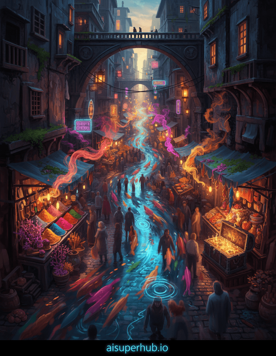 Create a hyper-realistic digital painting depicting a bustling street market reimagined as a dynamic river of human activity for the Daily life moments. The central focus is a vibrant street market at dusk, where vendor stalls and shoppers are not merely present but are rendered as elements within a flowing, luminous current. People move like shimmering fish in a stream, their individual forms blurred yet distinct, forming an organic, living tapestry of motion. This river of life meanders through ancient city alleyways, its surface reflecting the neon glow of signs and the warm spill of lantern light. Details to include: A tiny, intricately detailed spice stall appearing as a coral reef formation; the subtle shimmer of water on cobblestones where human feet should be; a child's laughter visualized as delicate, echoing ripples in the current; street food aromas depicted as visible, swirling tendrils of color; an old musician's violin case appearing as a submerged treasure chest. The market is set within a labyrinthine old city, with towering, weathered buildings flanking the "river" of activity. Ancient stone archways serve as natural bridges over this human current, their surfaces adorned with moss and faded frescoes. Distant, flickering lights from apartment windows cast long, dramatic shadows into the scene, emphasizing the depth and architectural grandeur. The overall perspective is slightly elevated, looking down into the flow, allowing the viewer to appreciate the intricate dance of human elements. The lighting is a dramatic interplay of warm, golden hour glow and cool, electric twilight blues, creating a magical, dreamlike ambiance. Spotlights from individual stalls cast focused, intense beams that pierce through the general luminescence, highlighting textures and faces with a sense of wonder and fleeting beauty. The overall intent is to evoke a sense of nostalgic warmth blended with the vibrant energy of discovery. The color palette is rich and saturated, dominated by deep magentas, electric blues, warm oranges, and fiery reds, with intermittent splashes of emerald green and gold. The reflections on the "water" surface will be particularly vibrant, acting as focal points. The mood is one of bustling serenity and enchanting wonder, a quiet symphony of life unfolding. Hyper-realistic digital painting, photorealistic detail with surrealistic conceptual twists, inspired by magical realism and cinematic lighting, volumetric light, intricate textures, dreamlike atmosphere. A subtle, glowing neon text overlay, 'aisuperhub.io', is rendered at the very bottom edge of the artwork.