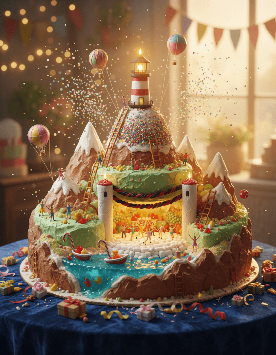 Create a hyper-realistic diorama depicting a fantastical birthday cake-world for the Birthday parties. A colossal, multi-tiered birthday cake, intricately sculpted, serves as an entire miniature world. Tiny, joyful party-goers, no larger than sprinkles, are actively celebrating across its sugary terrain, some climbing frosting mountains, others sailing edible rivers in candy boats. The main action centers around a glowing candle lighthouse on the highest peak, illuminating a grand celebration unfolding at its base. Details to include: Miniature edible hot air balloons made of gumdrops and spun sugar floating above, a river of shimmering blue jelly with tiny chocolate fish, confetti explosions made of iridescent sprinkles frozen mid-air, a "happy birthday" banner woven from licorice ropes, and tiny figures dancing on a marshmallow dance floor. The cake-world rests on a vast, velvet-covered table, suggesting a giant's celebratory feast. The background is softly out of focus, a warm blur of twinkling fairy lights and distant festive decorations, hinting at the larger party happening around this central masterpiece. Empty present boxes and discarded ribbon curls are scattered at the base of the table, adding to the celebratory aftermath. The lighting is magical and warm, emanating from the glowing candle lighthouse and numerous tiny, edible LED lights embedded within the cake's landscape, casting long, playful shadows and highlighting the intricate textures. A soft, golden hour glow from an unseen window bathes the entire scene, evoking a sense of nostalgic wonder and pure joy. A vibrant and whimsical palette dominated by pastel pinks, sky blues, lemon yellows, mint greens, and rich chocolate browns, accented with shimmering gold and silver from sprinkles and edible glitter. Whimsical, joyful, and utterly enchanting, capturing the innocent wonder of childhood dreams. Hyper-realistic, fantasy art, macro photography, trompe l'oeil, magical realism, detailed miniature, dreamcore. aisuperhub.io