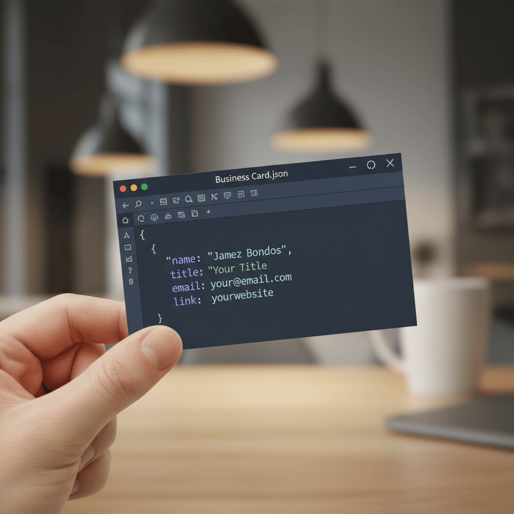 A close-up shot of a hand holding a business card designed to look like a JSON file opened in VS Code. The card shows code formatted in realistic syntax-highlighted JSON code. The window includes typical toolbar icons and a title bar labeled Business Card.json, styled exactly like the interface of VS Code. Background is slightly blurred, keeping the focus on the card.
The card displays the following code formatted in JSON:
{
"name": "Jamez Bondos",
"title": "Your Title",
"email": "your@email.com",
"link": "yourwebsite"
}