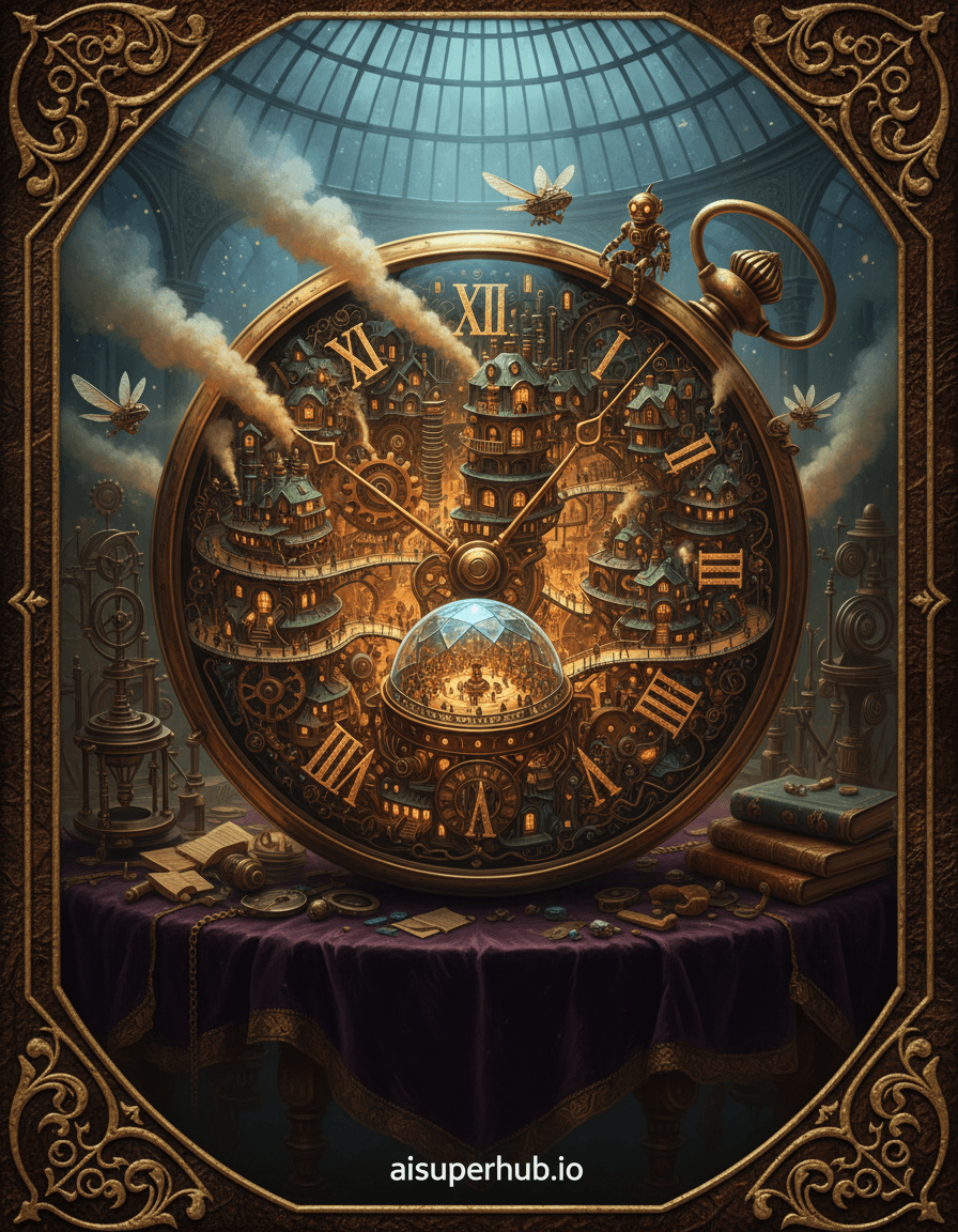 Create a hyper-realistic ornate collectible card depicting a colossal, antique pocket watch transformed into a bustling, miniature steampunk metropolis for the 3D holograms. The gigantic, ancient pocket watch lies horizontally, its intricate gears and springs repurposed as multi-tiered buildings, interconnected bridges, and winding thoroughfares. Tiny airships, resembling dragonflies, navigate gracefully between the colossal watch hands, which now serve as grand boulevards teeming with microscopic activity. Steam plumes majestically rise from miniature factories and clockwork mechanisms meticulously built into the watch's polished brass casing, creating a dynamic, living cityscape within its confines. Details to include: Microscopic cog-wheel homes clinging to the watch's internal structure, springs ingeniously converted into spiraling elevated railways, and a crystal-clear sapphire glass dome serving as a central market square. A tiny, working automaton figure is visible gazing out from the watch's ornate bezel, contemplating the miniature world, while embossed, eroded numerals on the watch face act as distinct district markers. The entire watch-city rests on a vast, velvet-draped observatory table, dimly lit by distant starlight filtering through a grand, arched domed ceiling above. Scattered around the periphery are ancient astronomical instruments, aged leather-bound tomes, and half-eaten gears, suggesting a whimsical, tinkering inventor's clandestine workspace. The edges of the table recede into deep shadow, dramatically emphasizing the isolated grandeur and intricate scale of the pocket watch metropolis. The lighting is a dramatic interplay of warm, internal glow emanating from the city's myriad tiny windows and streetlights, sharply contrasted with cool, ethereal ambient moonlight from above. This combination creates a profound sense of wonder and cozy mystery, highlighting the delicate internal activity against the vast, dark backdrop of the observatory. The color palette features rich sepia tones, burnished brass, deep emerald green for aged copper, and sapphire blues, accented by points of amber and ruby light within the city's structures. The mood and atmosphere evoke a breathtakingly intricate and fantastical sense of discovery and nostalgic awe. This is a hyper-detailed, intricate illustration, steampunk fantasy, miniature world, maximalist, cinematic render, Escher-esque complexity, concept art, octane render. Add a subtle overlay text at the bottom 'aisuperhub.io'.