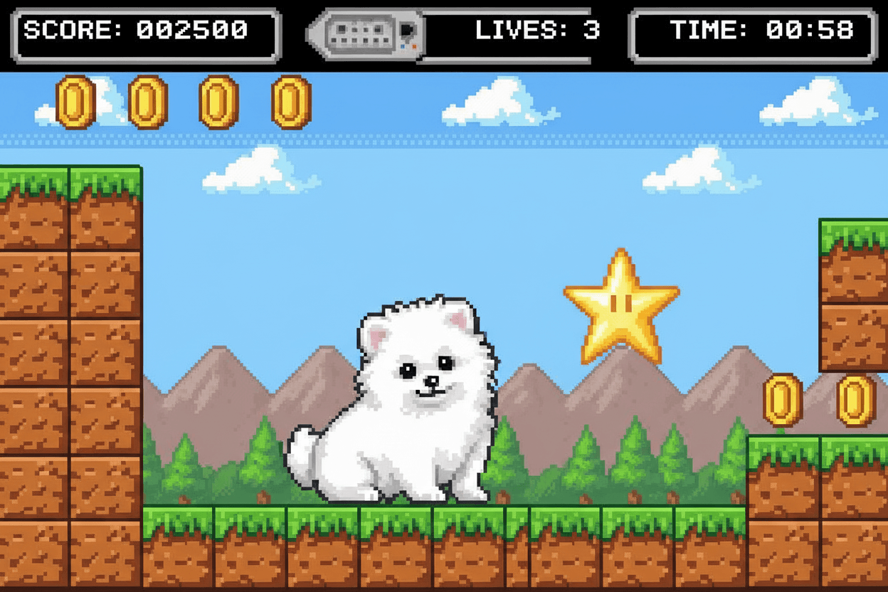 Recreate this puppy as a 16-bit video game character, and place the character in a level of a 2D 16-bit platform video game.