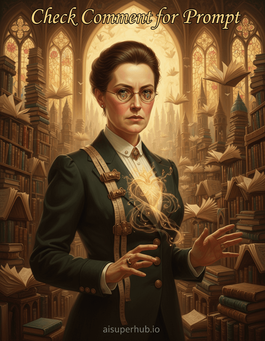 Create a hyper-realistic architectural portrait depicting a Librarian as a Gilded Age architect for the Traditional portraits, with 'Check Comment for Prompt' overlayed elegantly at the top and 'aisuperhub.io' subtly debossed at the bottom. A stern, passionate librarian, personified as a Gilded Age architect, stands amidst a colossal library cityscape where books form towering spires and archways. Her hands gesture towards this vast, knowledge-built world, implying creation. Details to include: Spectacles reflect tiny book-spine stained-glass. Parchment measuring tape drapes her shoulder. Suit buttons are miniature brass book clasps. An ethereal glow illuminates a precise gothic cathedral blueprint from her heart. An infinite library-city of ancient scrolls, leather-bound tomes, and towering illuminated manuscripts forms the background. Archways of open books with fluttering pages, buttresses of countless shelved volumes, all recede into a misty, golden horizon of endless knowledge. Warm, ethereal golden hour light filters through towering stained-glass windows of pressed flowers and parchment, casting dramatic shadows. This sacred light highlights intricate book textures, conveying profound wisdom and quiet majesty. Rich sepia, deep emerald, royal blue, burgundy from bindings, accented with shimmering gold leaf and soft cream aged paper. A profound sense of awe, reverence for knowledge, and quiet, enduring strength. Hyper-realistic, dramatic lighting, detailed texture, architectural fantasy, trompe l'oeil, Gilded Age portrait, mixed media influence.