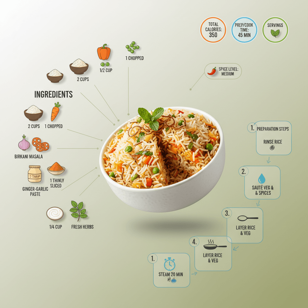 “Ultra-clean modern recipe infographic. Showcase veg briyani in a visually appealing finished form—sliced, plated, or portioned—floating slightly in perspective or angled view. Arrange ingredients, steps, and tips around the dish in a dynamic editorial layout, not restricted to top-down. Ingredients Section: Include icons or mini illustrations for each ingredient with quantities. Arrange them in clusters, lists, or circular flows connected visually to the dish. Steps Section: Show preparation steps with numbered panels, arrows, or lines, forming a logical flow around the main dish. Include small cooking icons (knife, pan, oven, timer) where helpful. Additional Info (optional): Total calories, prep/cook time, servings, spice level—displayed as clean bubbles or badges near the dish. Visual Style: Editorial infographic meets lifestyle food photography. Vibrant, natural food colors, subtle drop shadows, clean vector icons, modern typography, soft gradients or glassmorphism for step panels. Accent colors can highlight key info (calories, prep time). Composition Guidelines: Finished meal as hero visual (perspective or angled) Ingredients and steps flow dynamically around the dish Clear visual hierarchy: dish > steps > ingredients > optional stats Enough negative space to keep design airy and readable Lighting & Background: Soft, natural studio lighting, minimal textured or gradient background for premium editorial feel. Output: 1080×1080, ultra-crisp, social-feed optimized, no watermark.”