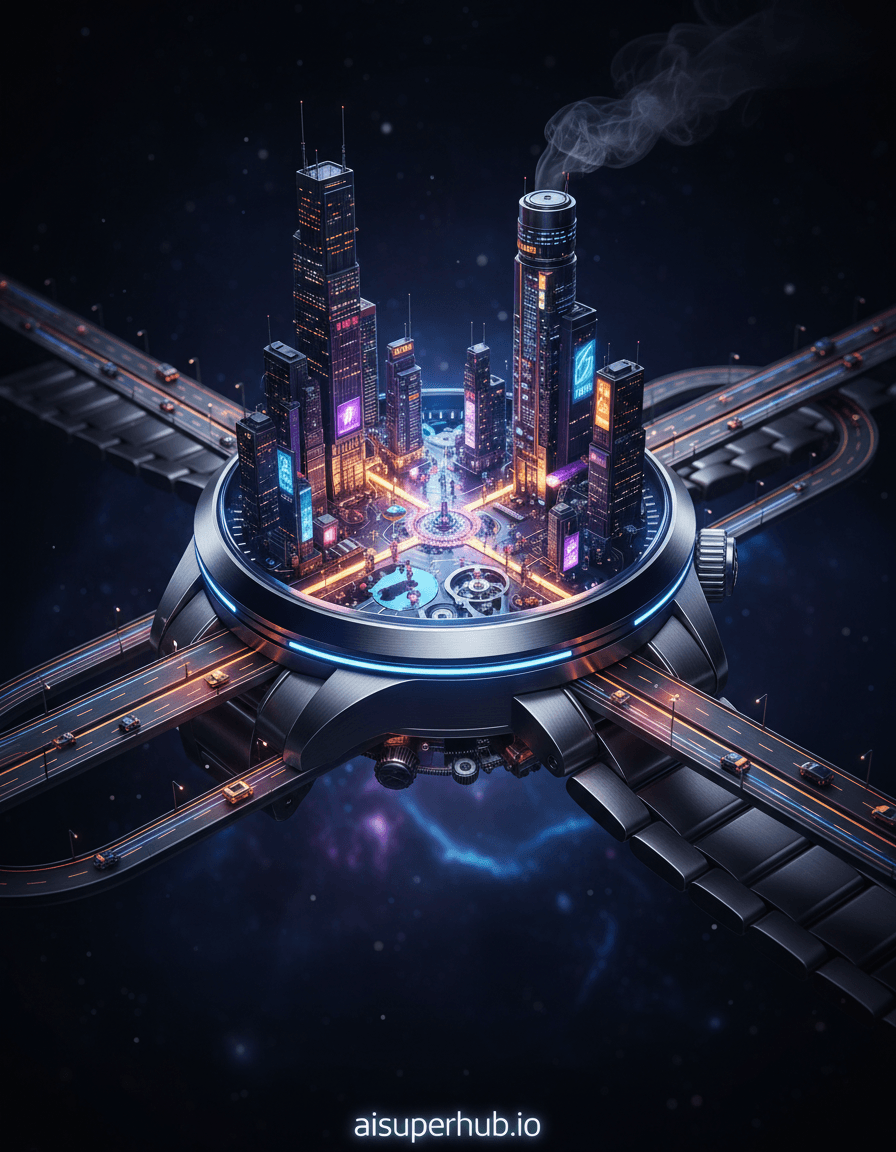 Create a hyper-realistic product shot depicting a luxury wristwatch transforming into a sprawling futuristic cityscape for the Product shots. The polished metal and intricate gears of a premium timepiece seamlessly morph into towering skyscrapers and intricate street networks, with the watch's 'straps' acting as illuminated highways for tiny, glowing vehicles. The watch face transforms into a central plaza, alive with dynamic light displays and miniature holographic projections. Details to include: Microscopic, luminous drone-like vehicles traversing the watch strap highways; Reflective puddles on the watch face 'plaza' mirroring vibrant city lights; Intricate, almost invisible energy conduits running along the watch's bezel, powering the miniature metropolis; Tiny, detailed holographic advertisements flickering on the sides of the watch-gear buildings; A delicate, ethereal plume of smoke rising from a miniature power station incorporated into the watch's crown. The watch-city is dramatically suspended in a deep, dark void, suggesting an infinite universe beyond its immediate confines, with subtle, out-of-focus cosmic dust and distant nebulae providing a grand, contrasting backdrop. This setting emphasizes the watch's singularity and self-contained grandeur. Dramatic, chiaroscuro lighting emphasizes the urban glow against the dark void. Cool blues, electric purples, and vibrant neon oranges from the city lights cast long, dynamic shadows, creating an awe-inspiring, futuristic, yet grounded and luxurious feel. The overall lighting scheme evokes profound wonder and sophisticated innovation. The color palette is predominantly deep midnight blues, vibrant electric purples, striking neon oranges and yellows, with polished silver and dark chrome accents. Mood/atmosphere: Awe-inspiring, futuristic, luxurious, and infinitely detailed. Style summary: Hyper-realistic macro photography, sci-fi noir, intricate miniature sculpting, high-resolution digital rendering, surreal product visualization. Overlay text: 'aisuperhub.io' at the bottom.