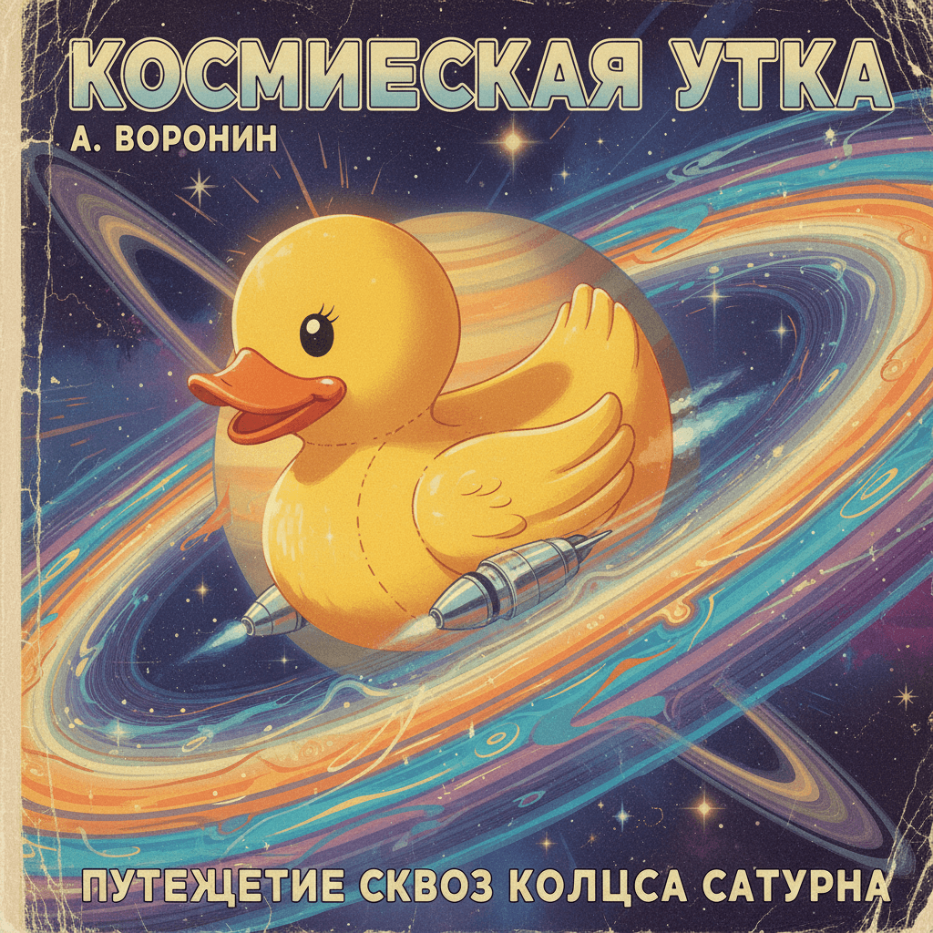 In the style of a vintage научная фантастика (sci-fi) book cover, a giant rubber ducky floats serenely through the rings of Saturn. The ducky, rendered in a retro-futuristic style, has small rocket boosters attached to its base. Saturn's rings are depicted with swirling, psychedelic colors. The overall composition is whimsical and surreal. The image is bathed in the soft glow of distant nebulae, creating a sense of wonder and exploration. Hyperdetailed illustration, 4k resolution.